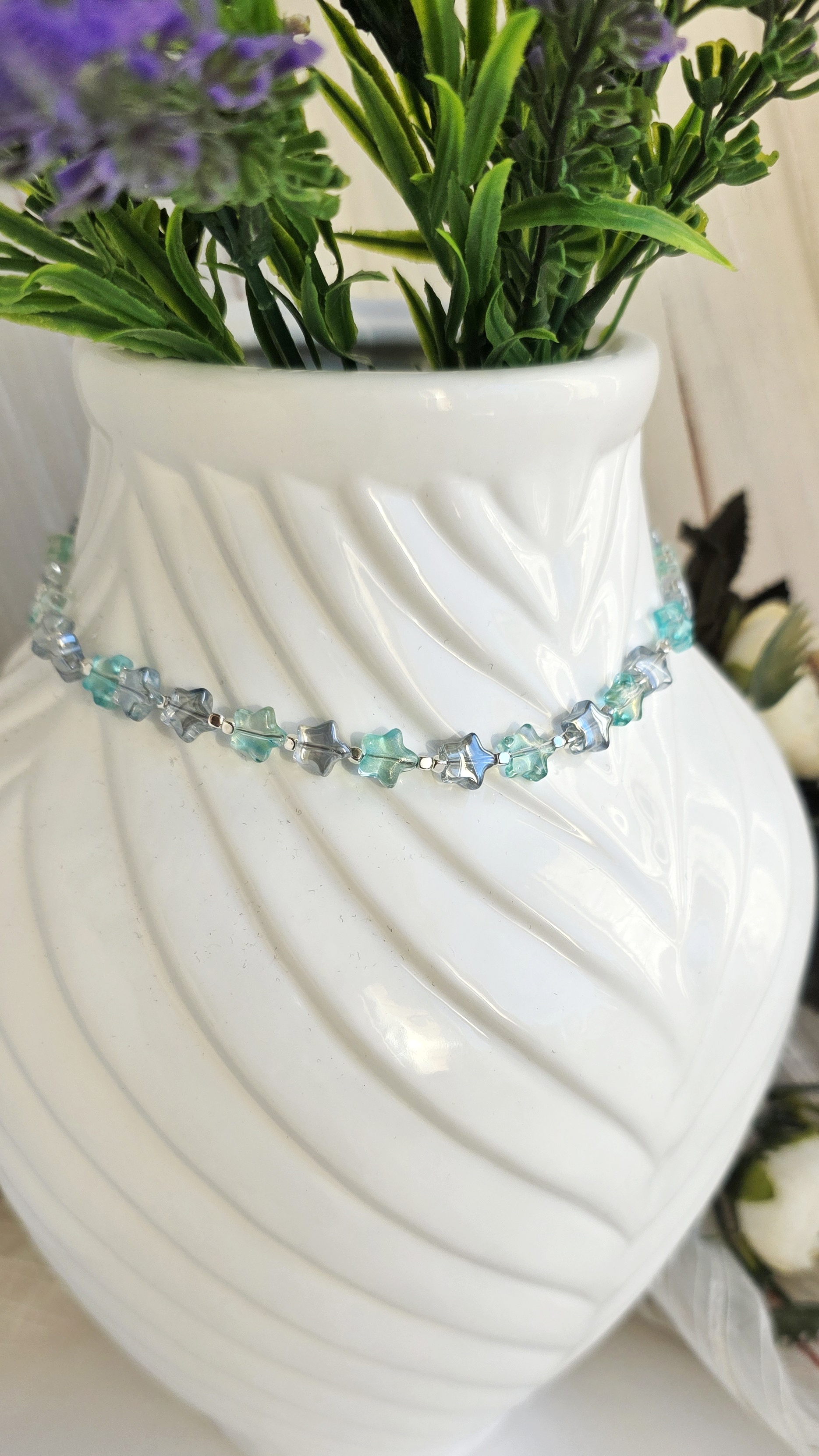 Чокер на шию з кристалів у зірочок зі скла сірі розорі та мятно зелені